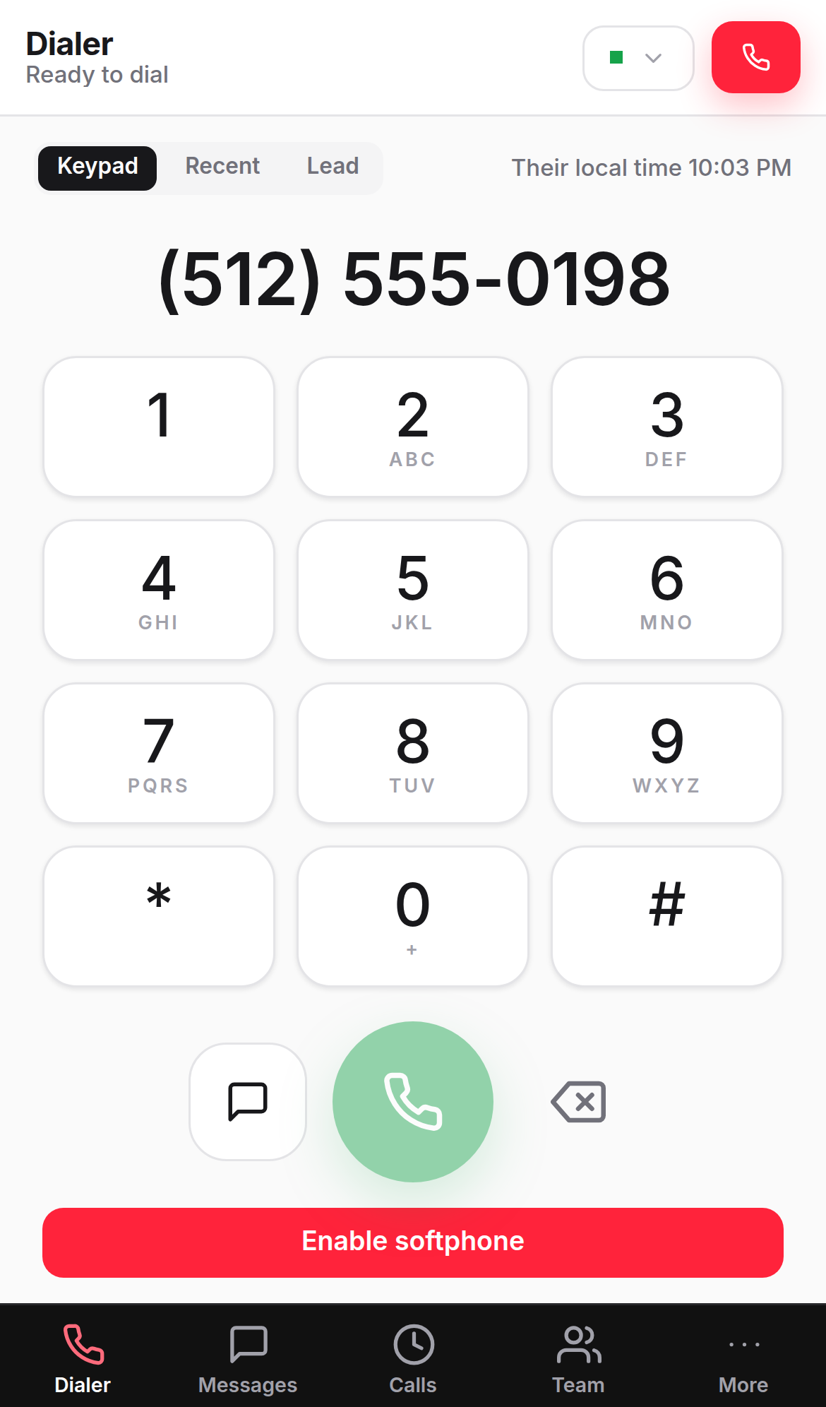 The Talkr dialer on a phone, with a number typed and a large red Call button
